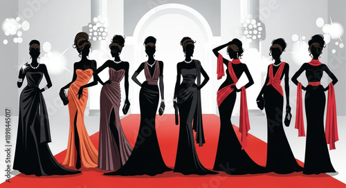 Elegant women in formal gowns on red carpet.
