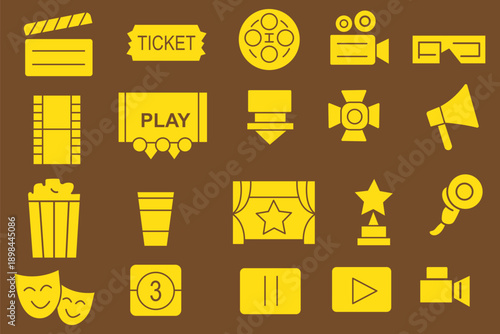 Cinema icons set. Movie Icons collection. Clapper board icon set. Contains such icon as film, movie, tv, video and more. Movie, Video icons, Collection film, TV sign. Vector illustration