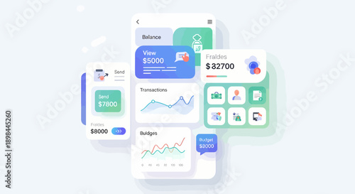 Mobile application interface showcasing financial data analytics and statistics on various screens