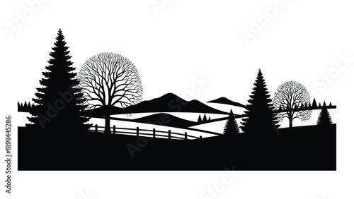 Silhouette of a peaceful countryside landscape with trees and a fence Vector