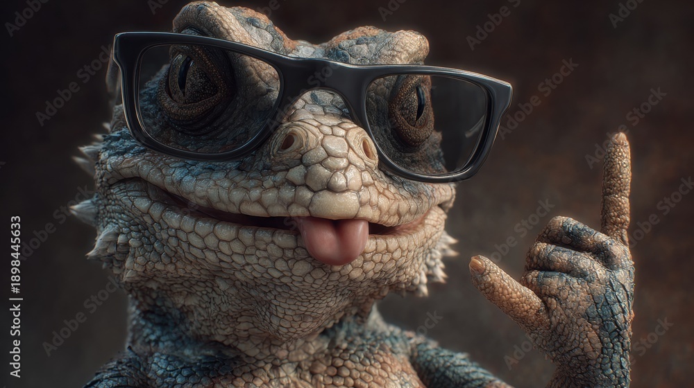 Obraz premium A charming lizard wearing sunglasses poses with a thoughtful gesture in a close-up studio shot