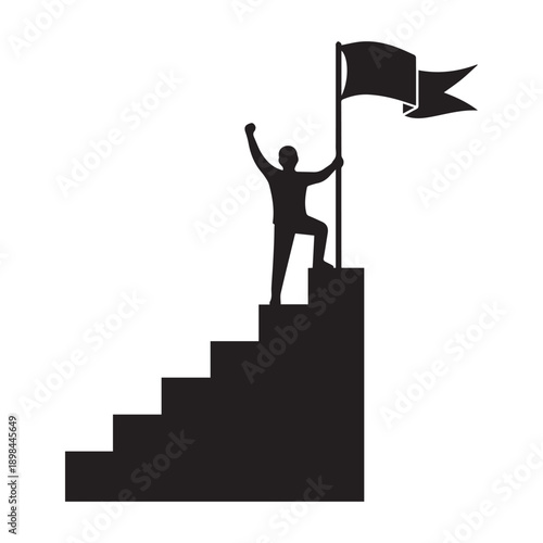 Man on Steps Holding Flag at Summit of Success