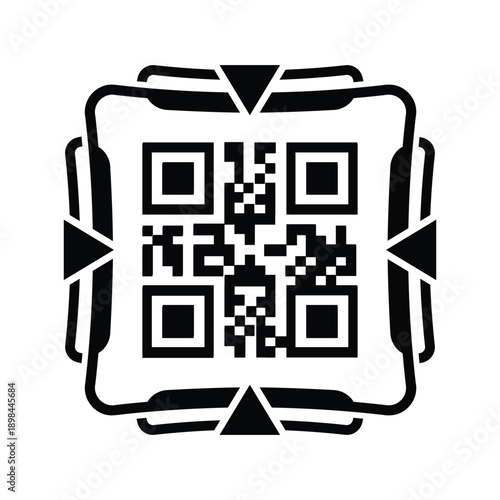 Minimal black and white illustration of a QR code printed on a receipt or ticket icon, centered on a circular background. Concept of digital payment, scanning, billing, e-commerce, and contactless tra