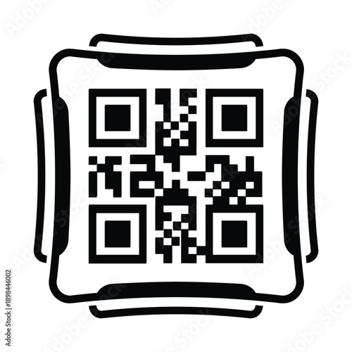 Minimal black and white illustration of a QR code printed on a receipt or ticket icon, centered on a circular background. Concept of digital payment, scanning, billing, e-commerce, and contactless tra