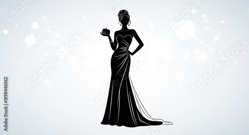 Elegant Woman Silhouette in Formal Gown Holding Clutch.
