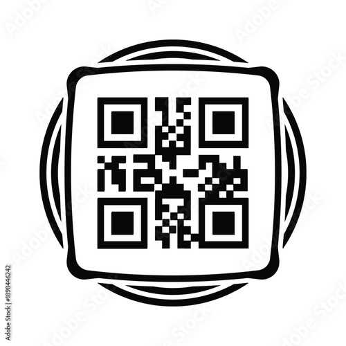 Minimal black and white illustration of a QR code printed on a receipt or ticket icon, centered on a circular background. Concept of digital payment, scanning, billing, e-commerce, and contactless tra