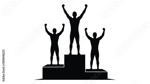 Three triumphant figures standing on a podium with their arms raised in victory. Vector