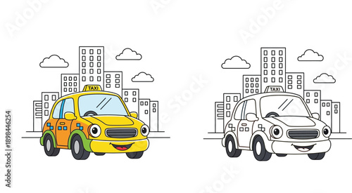 Cute cartoon taxi car character vector illustration with city background. Yellow cab and black and white outline coloring book page for kids. Funny vehicle mascot on street.