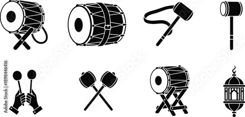 Islamic Drums and Mallets Silhouette Collection vector illustration