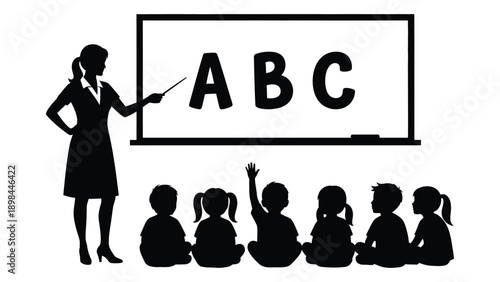 A teacher instructs a group of children in a classroom setting with a blackboard. Vector