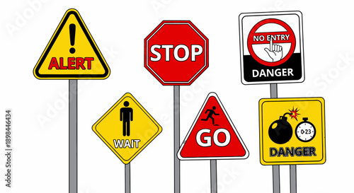 set of traffic and warning road signs