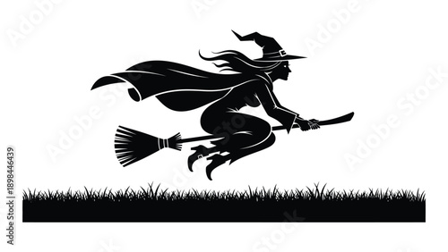 A witch flying on a broomstick over a grassy landscape Vector