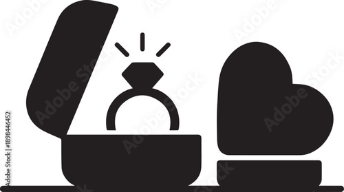 Romantic Marriage Proposal Concept with Engagement Ring Boxes in Black Vector Style