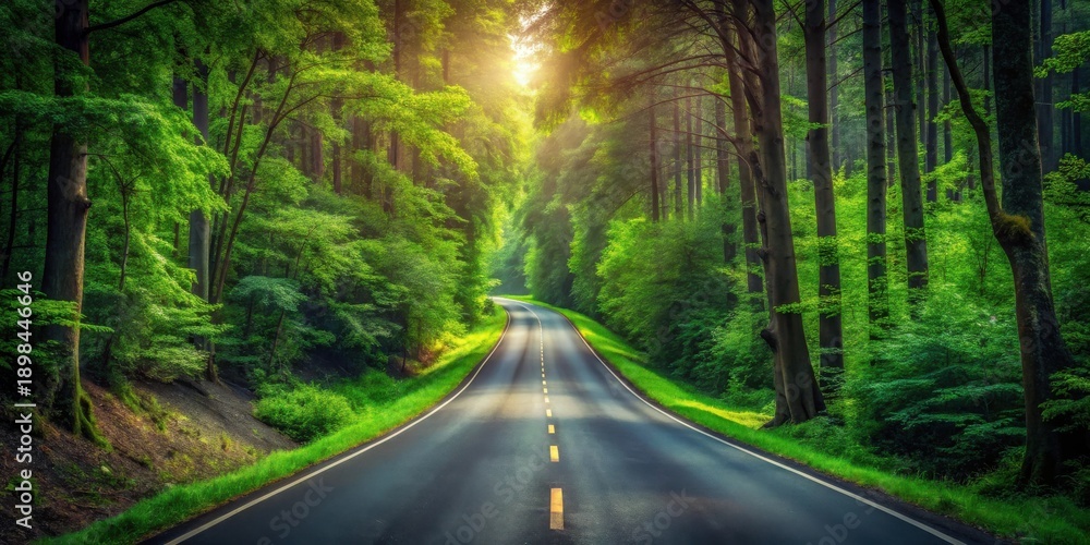 Fototapeta premium Sunlit Path Through Lush Green Forest Canopy, Winding Asphalt Road Beckons Journey
