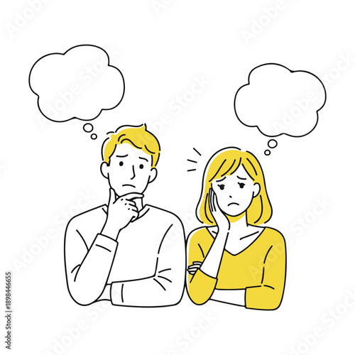 Couple thinking with empty thought bubbles, confusion