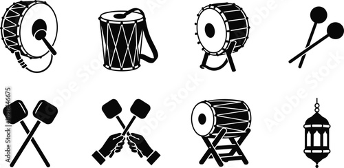 Islamic Drums and Lantern Icons Set with Drumsticks and Hands Keywords: drum, islamic drum, dhol, dholak, percussion, musical instrument