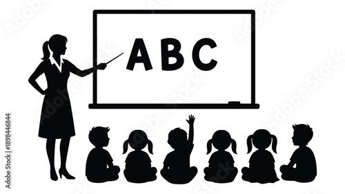 A teacher in front of a class with the alphabet on the board Vector