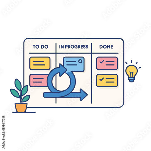 Kanban board with task cards and agile cycle icon