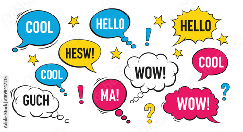 colorful comic speech bubbles with hello cool wow