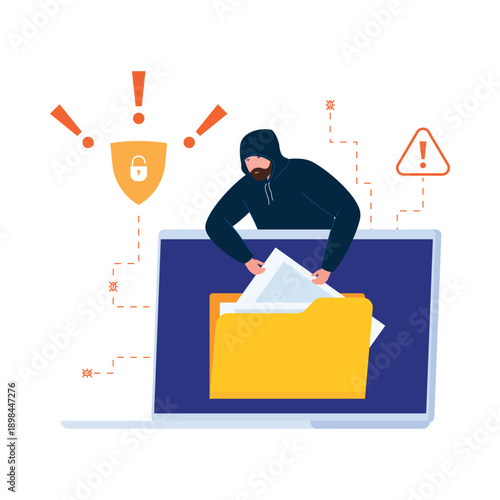 A person wearing a hooded jacket is stealing files from a computer screen. Symbols of alerts and security indicate a cyber threat. Focus is on hacking and data theft activities.