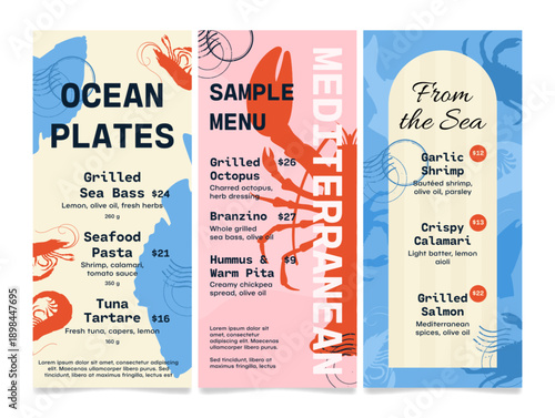 A seafood menu template for restaurants and cafes. Dishes include grilled sea bass, octopus, and several types of pasta. Prices and descriptions are provided for each dish.
