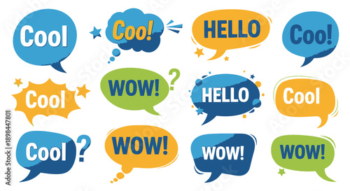 colorful speech bubbles with cool, wow and hello text