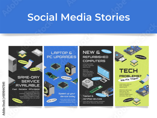 Social media story templates for a computer service that offers laptop and PC upgrades, as well as prompt troubleshooting and computer restoration.