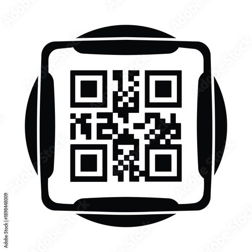 Minimal black and white illustration of a QR code printed on a receipt or ticket icon, centered on a circular background. Concept of digital payment, scanning, billing, e-commerce, and contactless tra