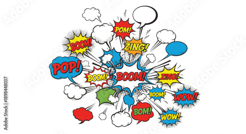 Comic book explosion with colorful pop art speech bubbles