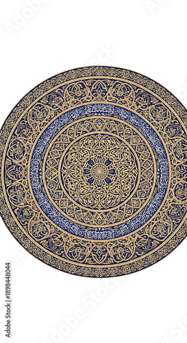 Intricate gold and blue mandala pattern, ornate circular design, for background or texture, isolated on transparent background, png