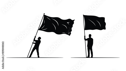 Two individuals holding black flags on a plain background. Vector
