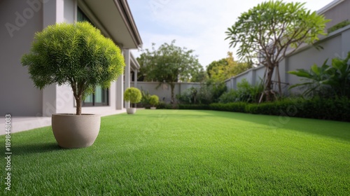 Lush Green Artificial Lawn Surrounded by Modern Architecture and Decorative Plants Under Bright Sunny Sky in Residential Backyard Setting