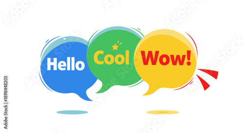 colorful speech bubbles with hello, cool, wow