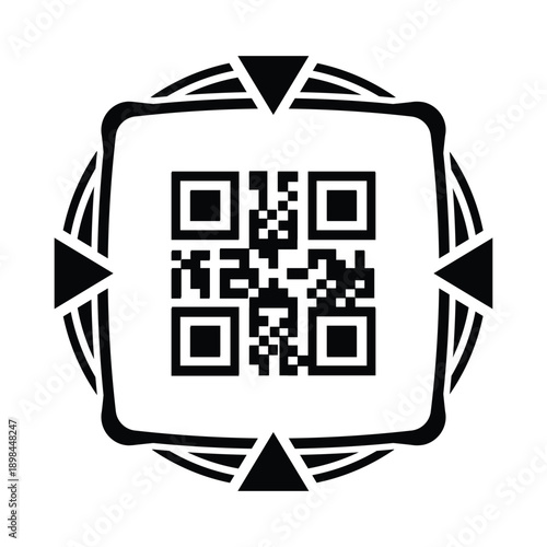 Minimal black and white illustration of a QR code printed on a receipt or ticket icon, centered on a circular background. Concept of digital payment, scanning, billing, e-commerce, and contactless tra