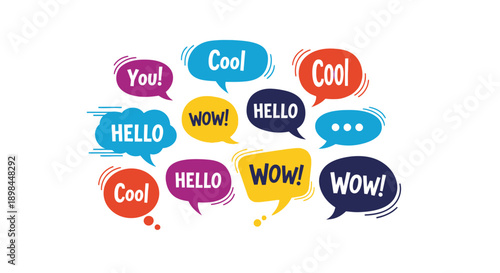 colorful speech bubbles with hello, wow and cool words