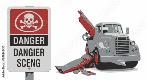Tow truck with danger sign and warning signal
