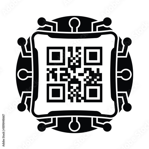 Minimal black and white illustration of a QR code printed on a receipt or ticket icon, centered on a circular background. Concept of digital payment, scanning, billing, e-commerce, and contactless tra