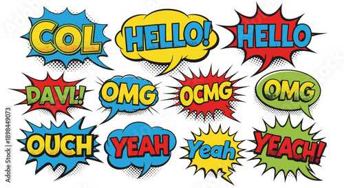 Comic book speech bubbles with colorful text