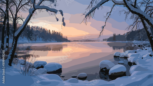 Winter lake at sunset with snow covered trees and rocks