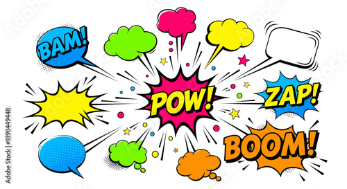 Comic book speech bubbles with pow, zap, boom and bam