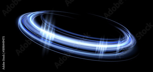 Blue glowing magic rings. Neon realistic energy flare halo ring. Abstract light effect on a black background. Vector illustration.