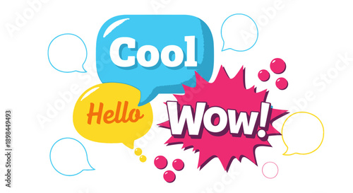 colorful speech bubbles with cool wow hello text
