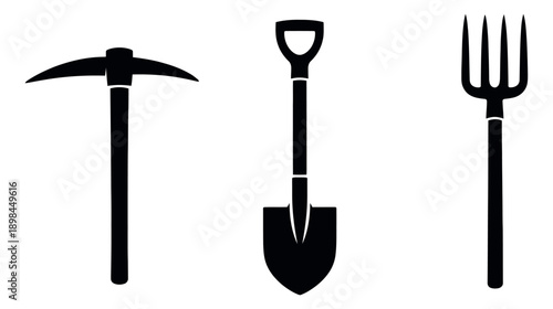 Simple silhouette construction and garden tools set featuring a pickaxe, a shovel, and a pitchfork for manual labor and outdoor tasks