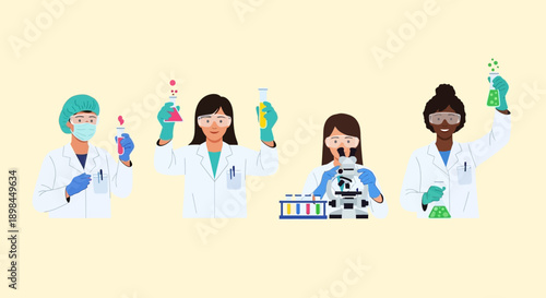 Diverse group of scientists conducting experiments in laboratory setting.