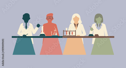Diverse group of scientists conducting experiments in a laboratory setting.