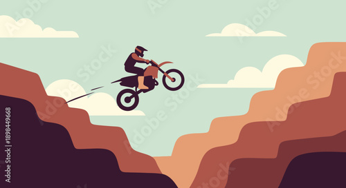 Motorcyclist in mid-air jump between rocky cliffs.