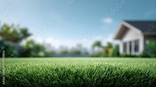 Wallpaper Mural Lush Green Grass Lawn in a Serene Residential Backyard with a House and Clear Sky in the Background for Outdoor Living and Relaxation Torontodigital.ca