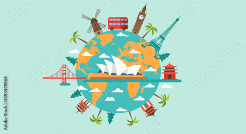 Global landmarks and monuments illustration with iconic structures.