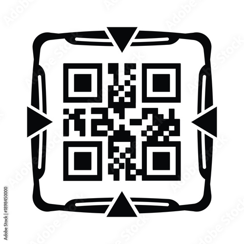Minimal black and white illustration of a QR code printed on a receipt or ticket icon, centered on a circular background. Concept of digital payment, scanning, billing, e-commerce, and contactless tra