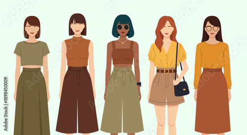 Illustration of five women wearing different outfits and accessories.